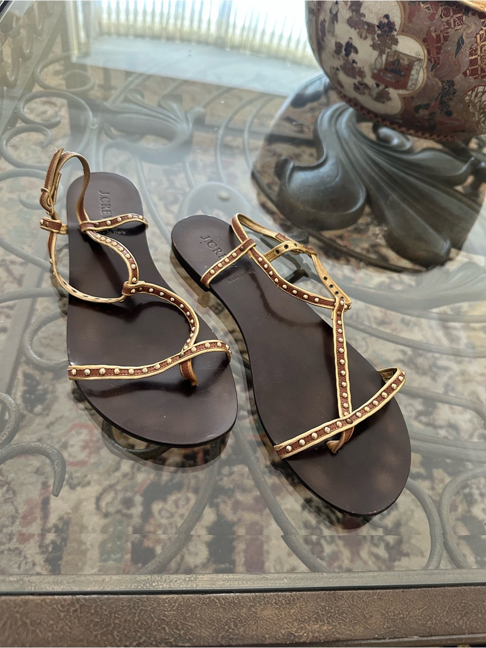 SANDALS!!! J. Crew Gold Studded Strappy Sandals Made in Italy(Used)